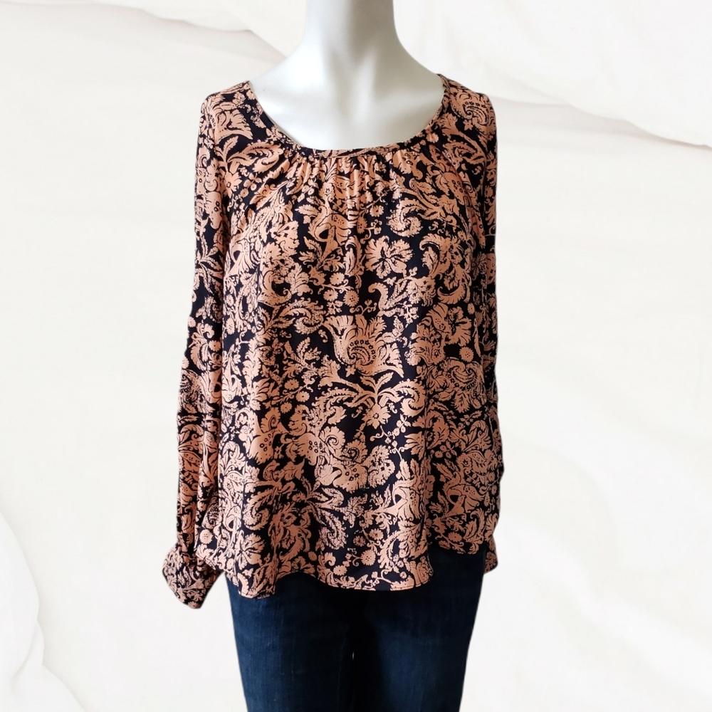 Voom by Joy Han small peach navy paisley floral long sleeve blouse
